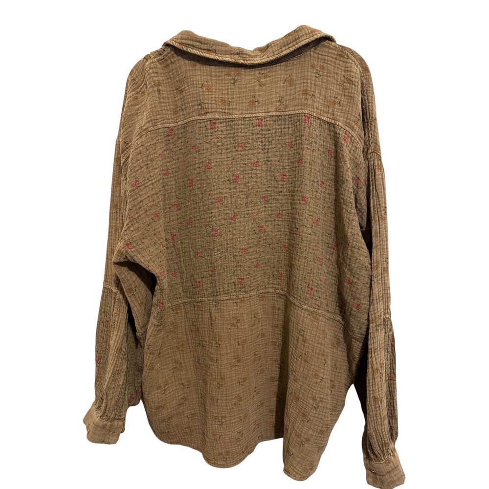 Easel Button Down Shirt Women's L Brown Cottagecore Boho Soft Floral Gauze Top - Picture 2 of 12